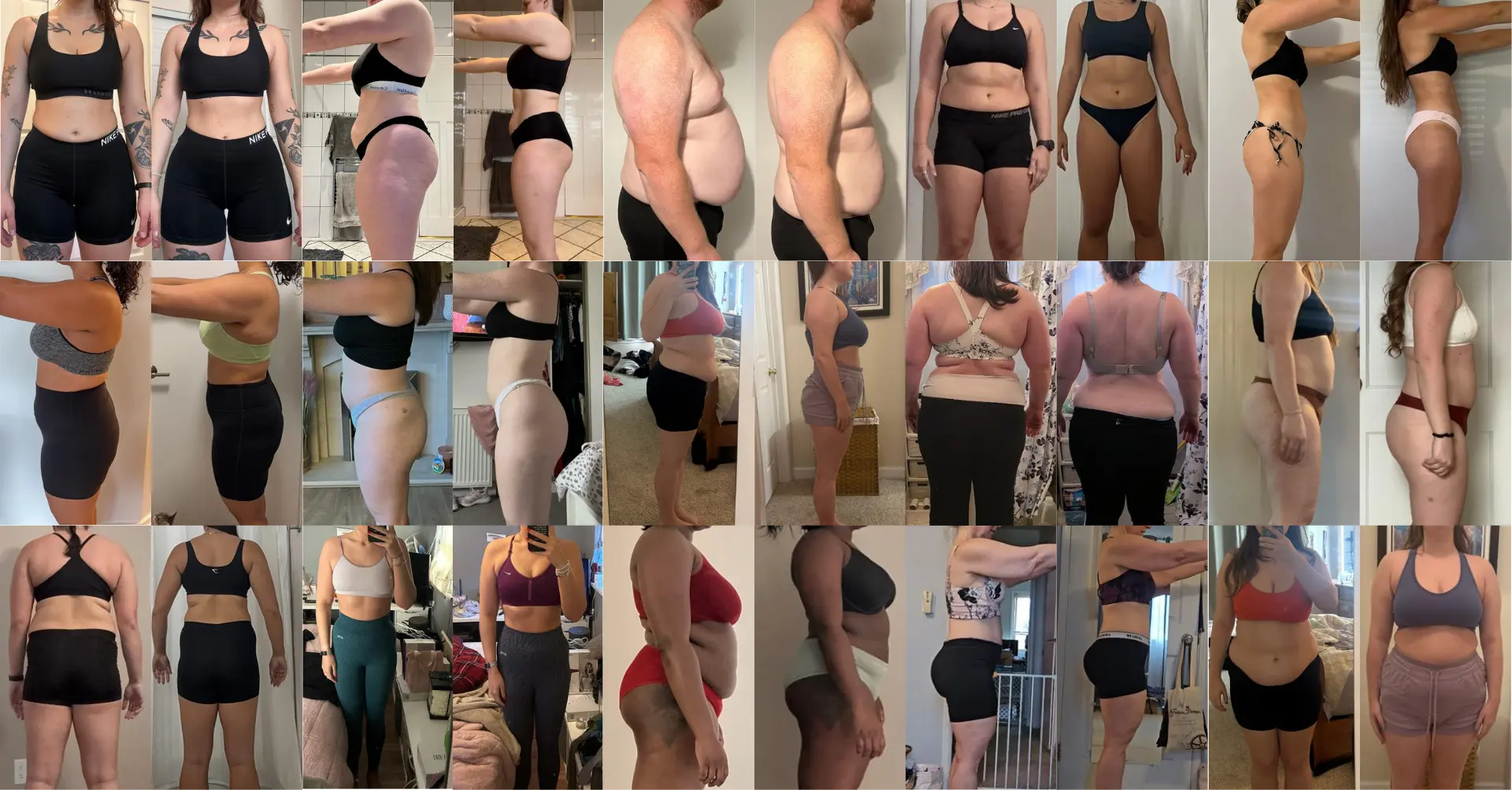 Collage of side-by-side progress photos shared by Building Your Body Coaching clients