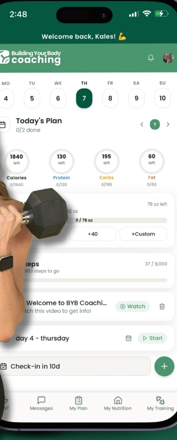 Building Your Body Coaching app home screen showing today's plan, calorie and macro targets, hydration, steps and scheduled workout